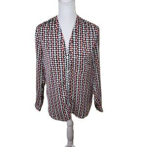 GAP V-Neck Blouse Red & Blue Hearts Pattern Long Sleeves Flowy Women's Size XS